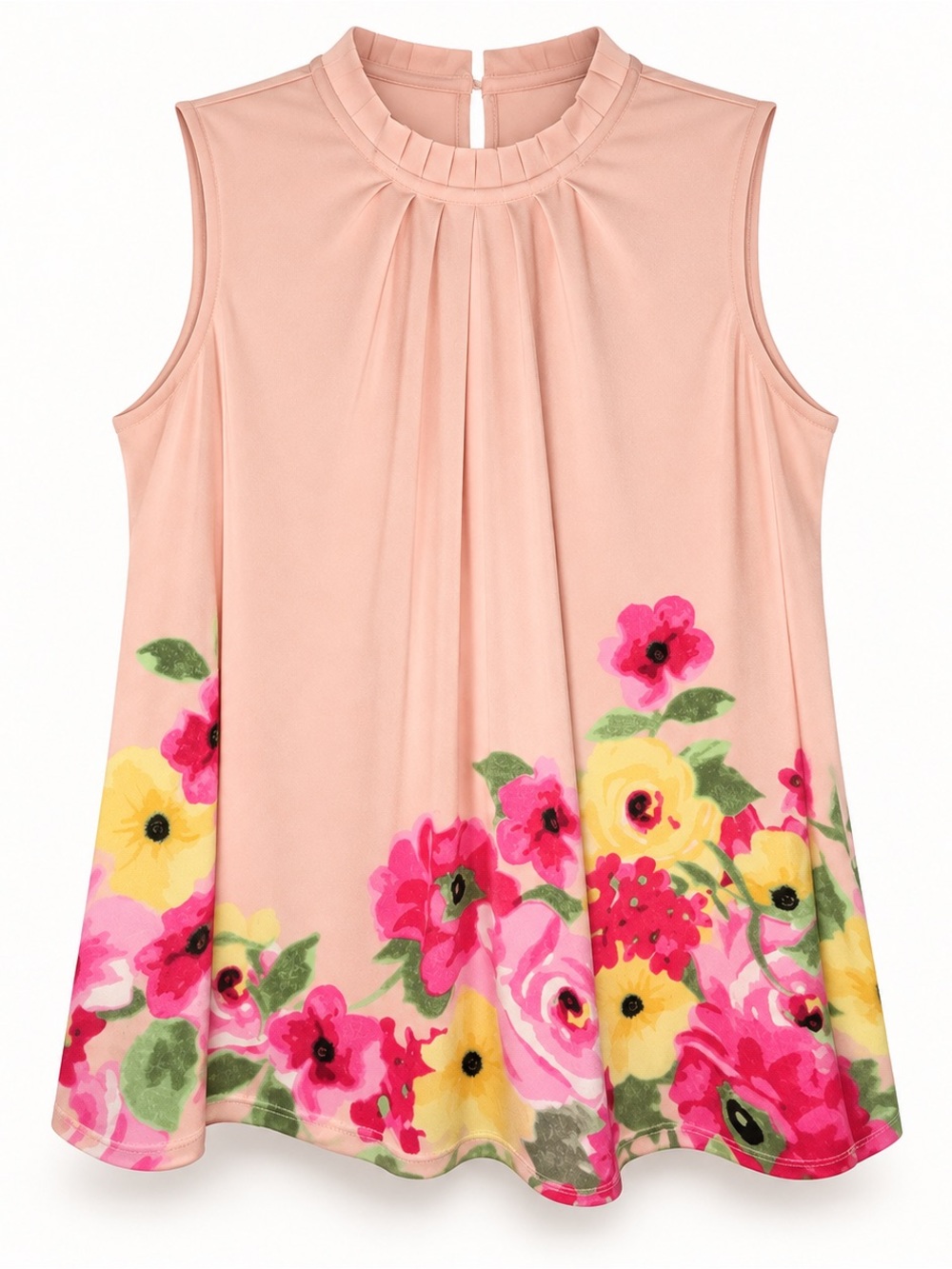 Elle Pink XL Blush Pink Floral Border Sleeveless Mock Neck Blouse